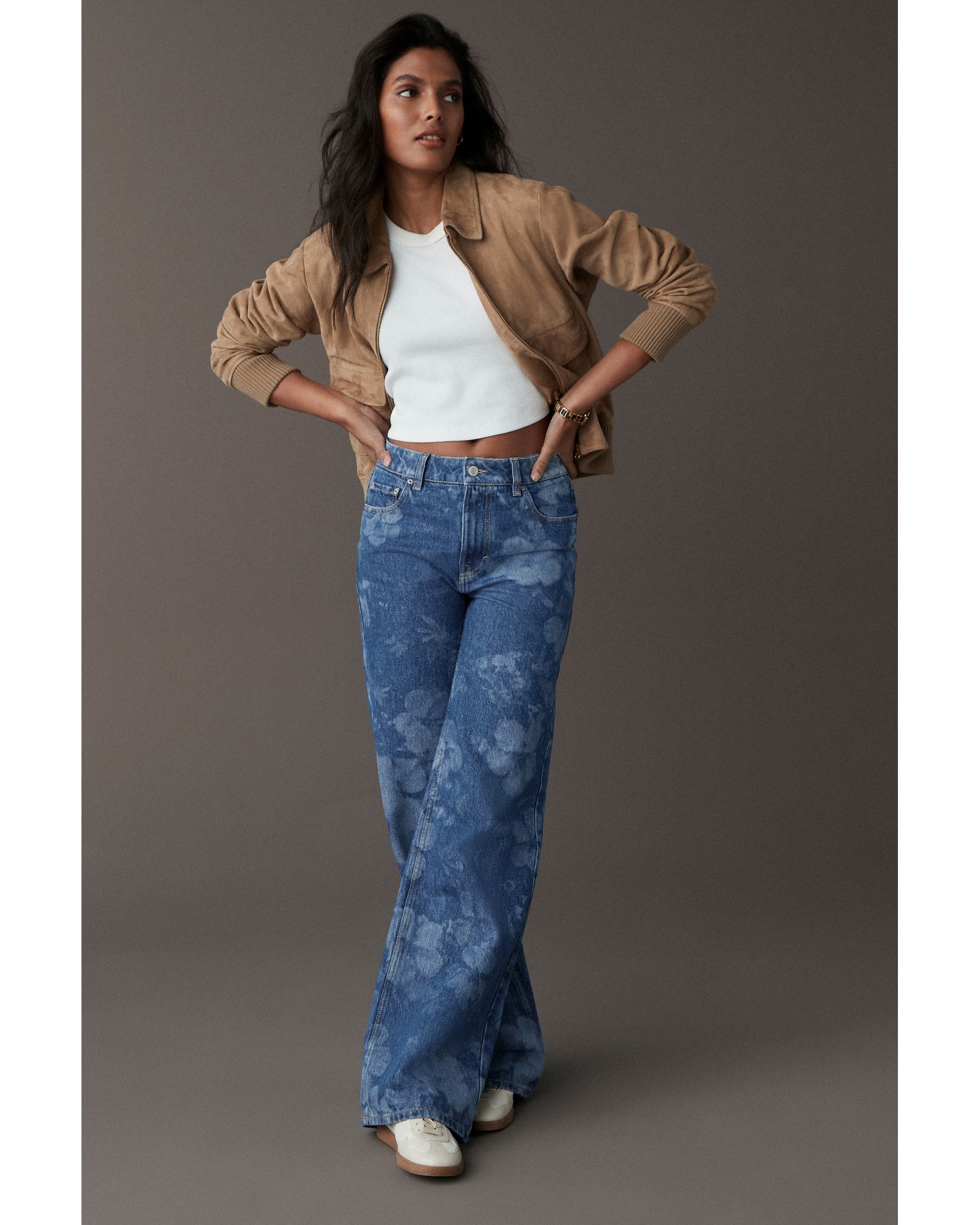 100% Cotton Floral Laser Print Wide Leg Jeans